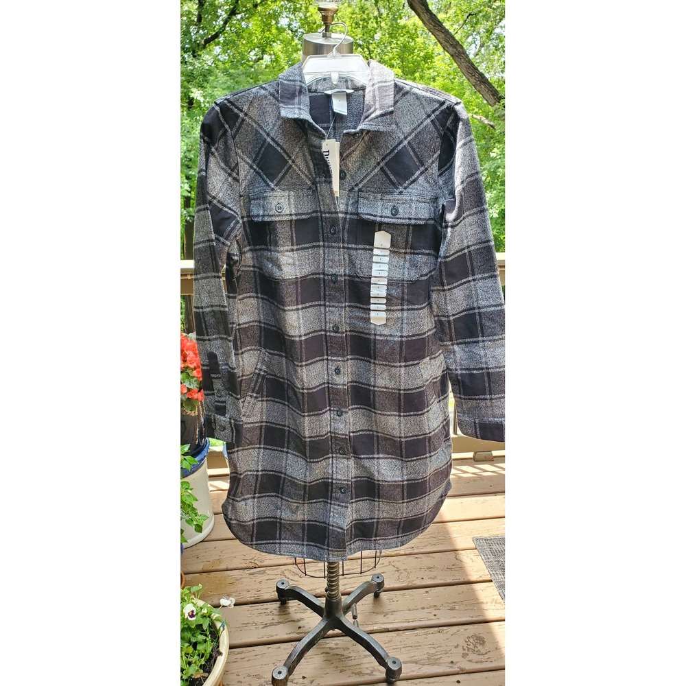 Duluth Trading Co Women Folklore Flannel Duster Grey Black Plaid Shirt Jacket S
